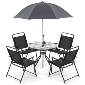 6 Pieces Patio Dining Set Folding Chairs Glass Table Tilt Umbrella for Garden-Gray