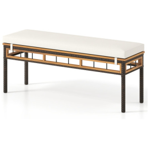 6-Pieces Patio Dining Table Set Rectangular Acacia Wood Table and Backless Bench-White