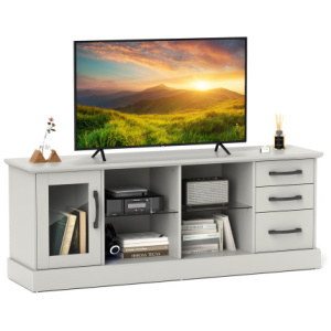 63 Inches Media Console Table with 3 Drawers and 2 Glass Shelves-Gray