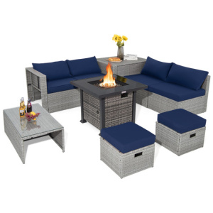 9 Pieces Outdoor Patio Furniture Set with 32-Inch Propane Fire Pit Table-Navy