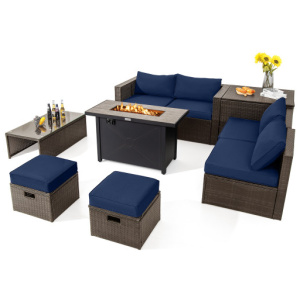 9 Pieces Outdoor Patio Furniture Set with 42 Inch Propane Fire Pit Table-Navy