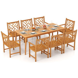 9-Pieces Patio Dining Table Set Wood Rectangular Dining Table with 8 Chairs and Slatted Tabletop