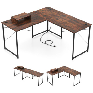 95 Inch 2-Person L-Shaped Long Reversible Computer Desk with Monitor Stand-Rustic Brown