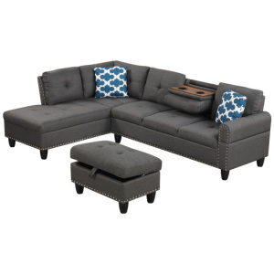 98 Inches Sectional Sofa Couch with Movable Storage Ottoman and Linen Fabric Backs-DG