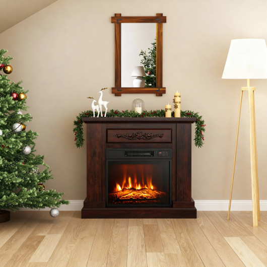 Acacia Wood Mirror & Electric Fireplace TV Stand Set - Rustic Vintage Home Heating Bundle