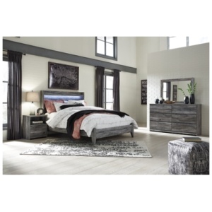 Baystorm Queen Panel Bed with Mirrored Dresser and Nightstand, Gray