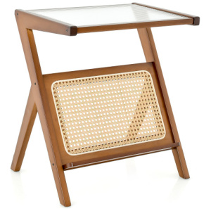 Boho End Table with Magazine Rack and Tempered Glass Top-Walnut