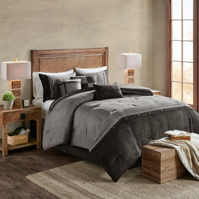 Boone King 7 Piece Faux Suede Comforter Set, Gray