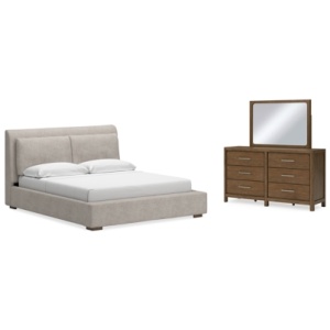 Cabalynn King Upholstered Bed with Mirrored Dresser, Light Brown