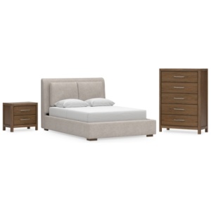 Cabalynn Queen Upholstered Bed with Chest and Nightstand, Light Brown