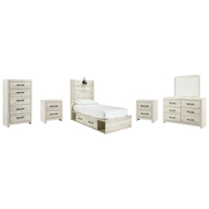 Cambeck Twin Panel Bed with 2 Storage Drawers with Mirrored Dresser, Chest and 2 Nightstands, Whitewash