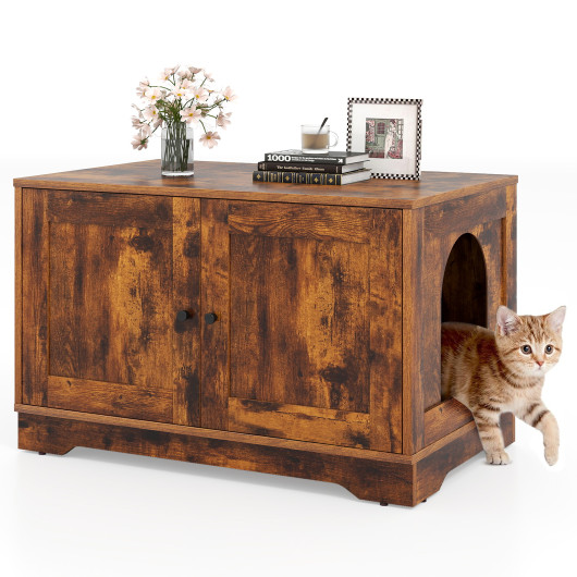 Cat Litter Box Enclosure Furniture Indoor Wooden Cat House End Side Table Nightstand-Brown