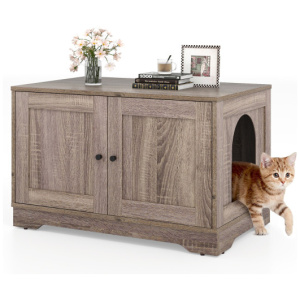 Cat Litter Box Enclosure Furniture Indoor Wooden Cat House End Side Table Nightstand-Gray