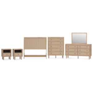 Cielden Full Upholstered Panel Bed with Mirrored Dresser, Chest and 2 Nightstands, Two-tone
