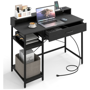 Computer Desk with Power Outlets 42inch Writing Desk with Hutch Drawer and 2 Open Shelves-Black