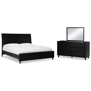 Danziar Queen Panel Bed with Mirrored Dresser, Black