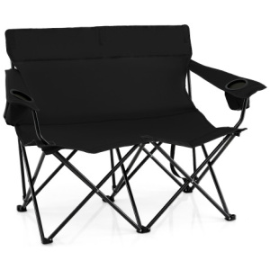Double Camping Chair 2-Person Outdoor Folding Loveseat with Cup Holders-Black