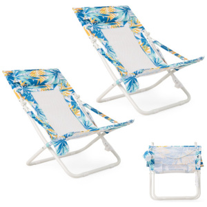 Folding Low Beach Chair Set of 2 Patio Sling Chairs with Padded Head Pillow-Blue