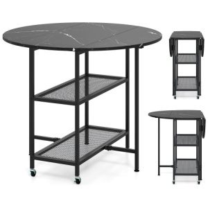 Folding Round Dining Table with Lockable Wheels-Black
