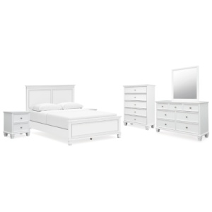 Fortman Queen Panel Bed with Mirrored Dresser, Chest and 2 Nightstands, White