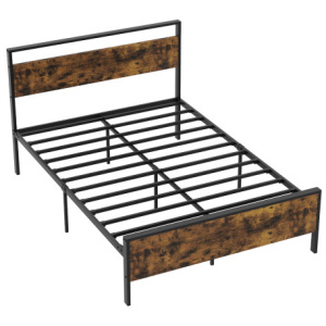 Full Metal Bed Frame Industrial Platform Bed with Wooden Headboard-Full Size