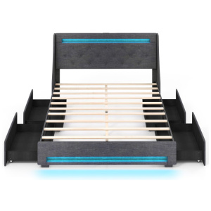 Full Size Bed Frame with LED Lights Wingback Headboard and Charging Station-Grey