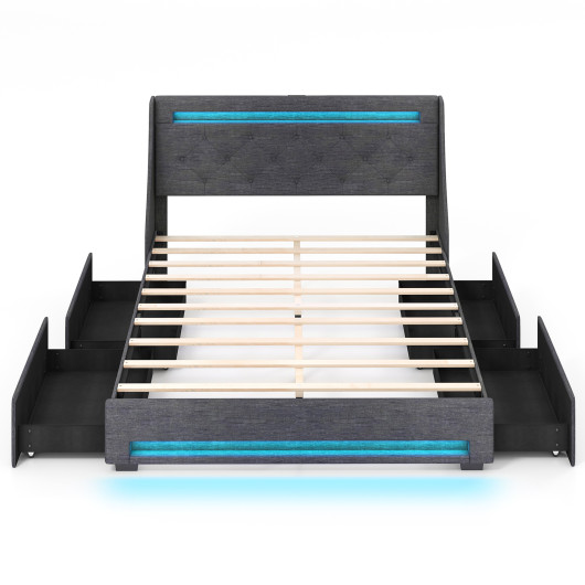 Full Size Bed Frame with LED Lights Wingback Headboard and Charging Station-Grey