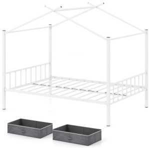 Full Size Metal House Bed with 2 Fabric Drawers for Kids-White