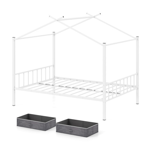 Full Size Metal House Bed with 2 Fabric Drawers for Kids-White