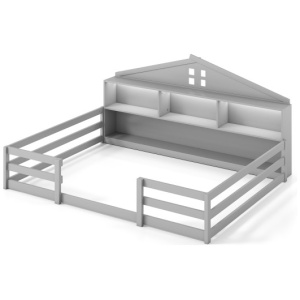 Full Size Montessori Floor Bed with Storage Compartments and Shelf-Gray