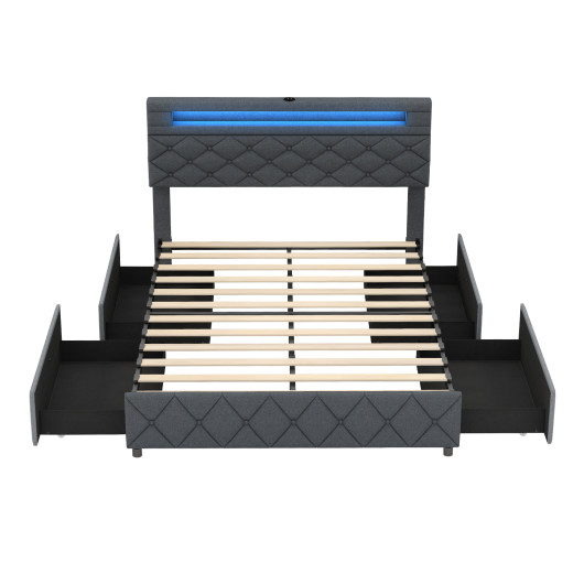 Full/Queen Size Bed Frame with Adjustable Storage Headboard and Wooden Slat Support-Full