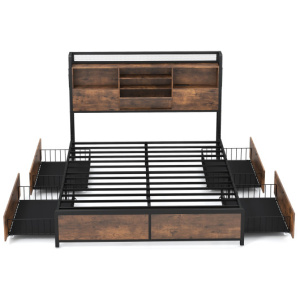 Full/Queen Size Bed Frame with Bookcase Headboard and 4 Storage Drawers-Queen Size