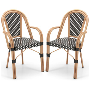 Hand-Woven PE Wicker Outdoor French Bistro Chairs Set of 2-Black