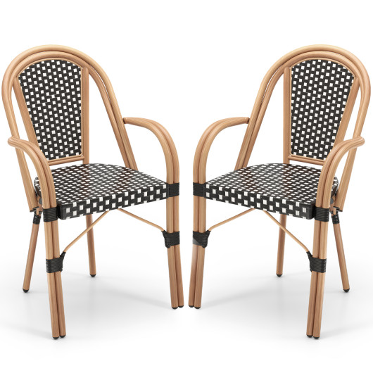 Hand-Woven PE Wicker Outdoor French Bistro Chairs Set of 2-Black
