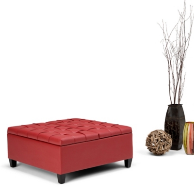 Harrison 36 inch Wide Transitional Square Coffee Table Storage Ottoman in Crimson Red Faux Leather