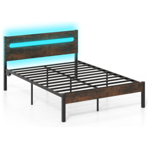 Heavy-Duty Metal Slats Support Bed Platform with Charging Station-Rustic Brown