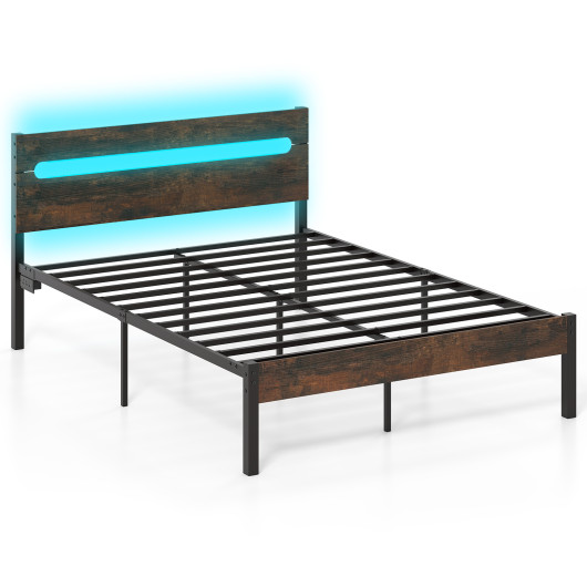 Heavy-Duty Metal Slats Support Bed Platform with Charging Station-Rustic Brown