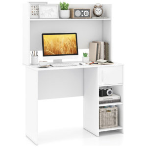 Home Office Desk with Raised Display Shelf and 2 Open Shelves-White