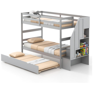 Home Wood Bunk Bed with Guard Rail and 4-step Storage Stairs No Box Spring Needed-Gray