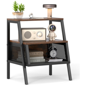 Industrial Nightstand 3-Tier End Table with 2 Open Shelves and Metal Mesh Compartment-Rustic Brown