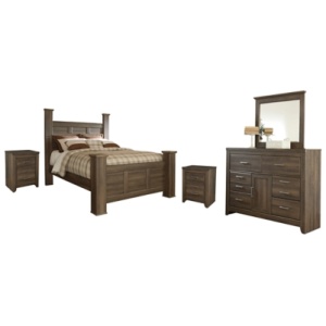 Juararo Queen Poster Bed with Mirrored Dresser and 2 Nightstands, Dark Brown