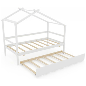 Kids Twin Size House Bed with Trundle and Roof-White