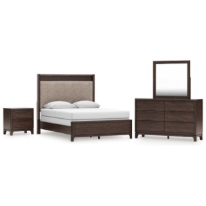 Korestone Queen Upholstered Panel Bed with Mirrored Dresser and Nightstand, Dark Brown