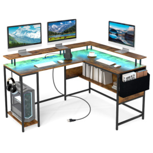 L-Shaped Gaming Desk with LED Lights and Power Outlets Home Office Computer Desk-Rustic Brown