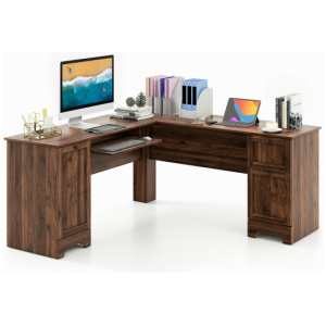 L-Shaped Office Desk with Storage Drawers and Keyboard Tray-Walnut