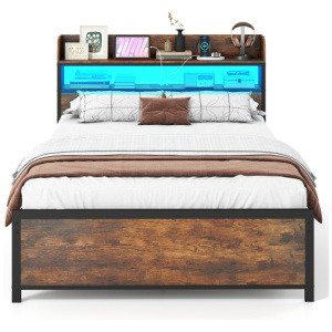 LED Bed Frame with Power Outlets and Storage Headboard-Full Size