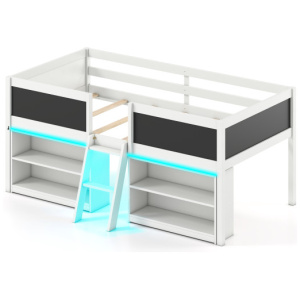 Low Loft Bed with LED Lights Kid's Cabin Bed with Bookcases-White