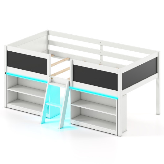 Low Loft Bed with LED Lights Kid's Cabin Bed with Bookcases-White