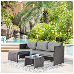 Manhattan Comfort Menton Outdoor Chair Lounge with 2 Seater and Coffee Table (Set of 2), Brown/Gray