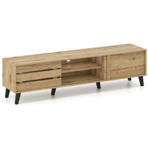 Mid Century Modern TV Stand for 80 Inch TVs with Sliding Door Cabinets and Storage Shelves-Oak